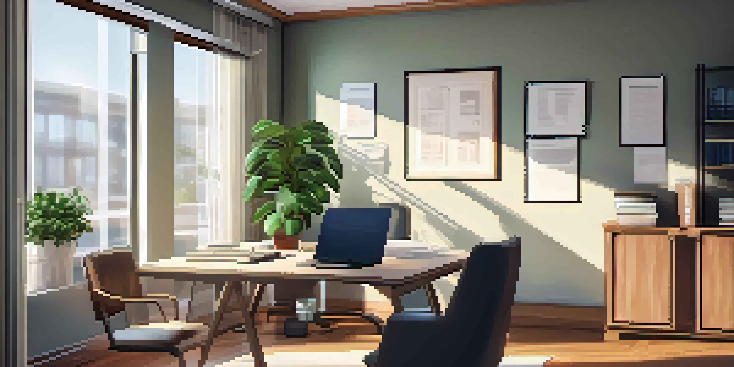 An office space with a desk, laptop, papers, calculator, and a cup of coffee, illuminated by natural light and decorated with a potted plant.