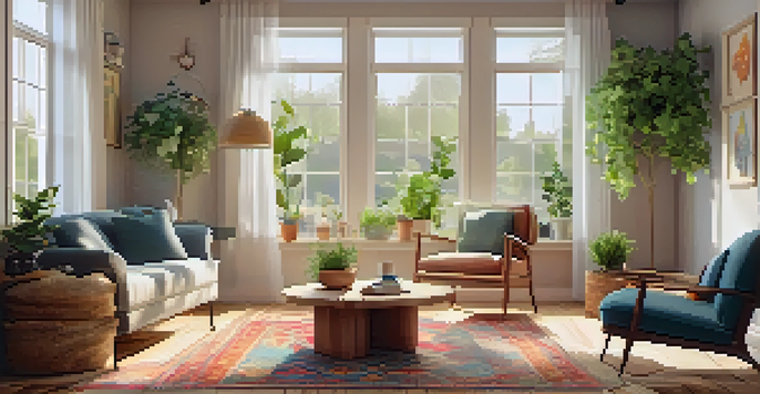 A warm and inviting living room designed for seniors, with natural light, plants, and smart technology.