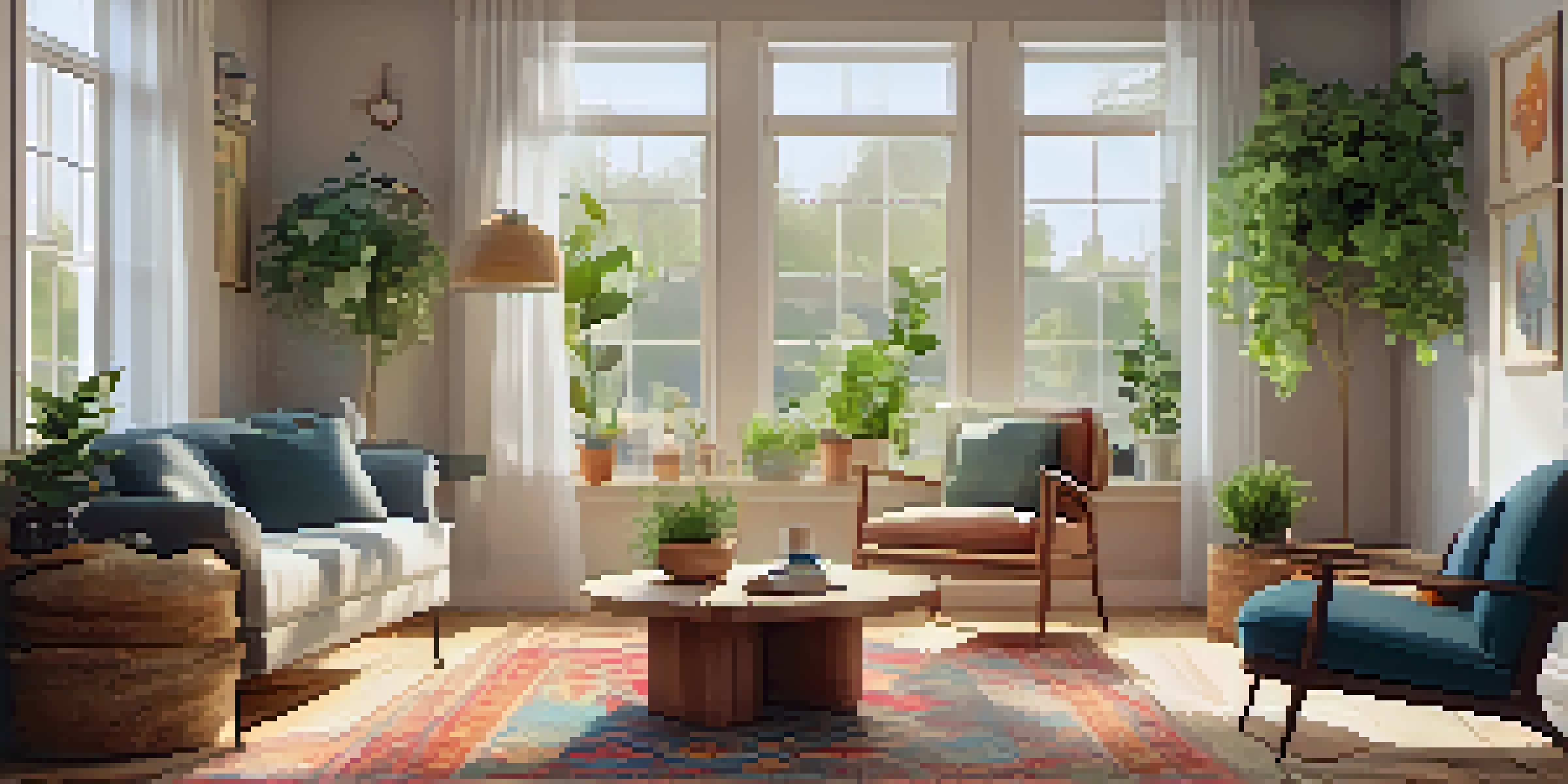 A warm and inviting living room designed for seniors, with natural light, plants, and smart technology.
