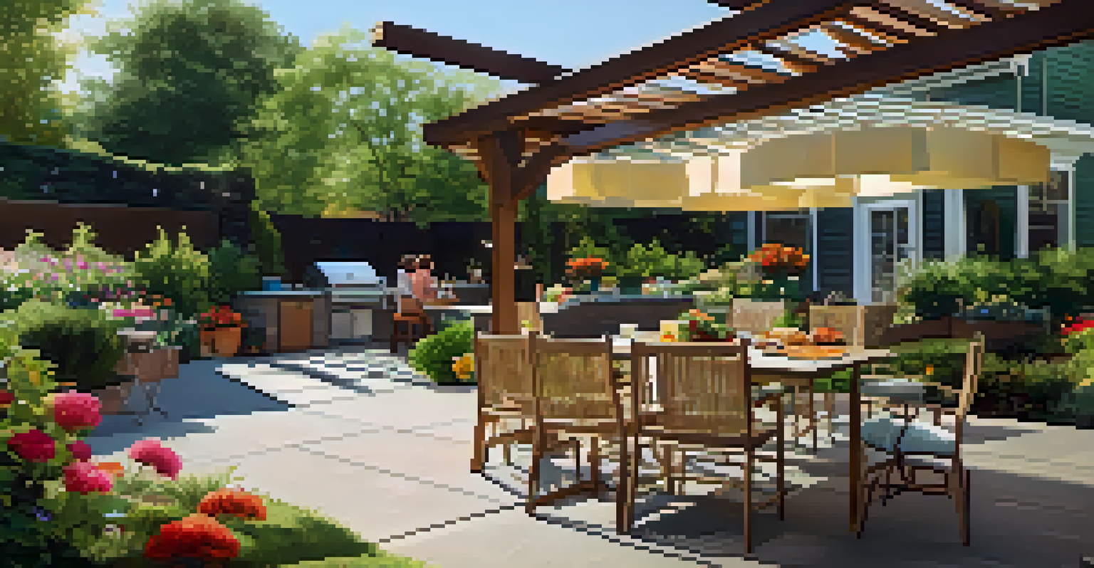 An outdoor family gathering in a landscaped backyard, featuring a barbecue grill, children playing, and a table set for a meal.