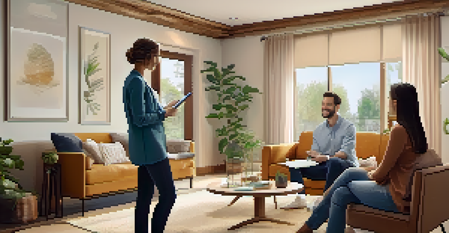 A real estate agent showing property options to a couple in a cozy living room filled with warm lighting and personal touches.
