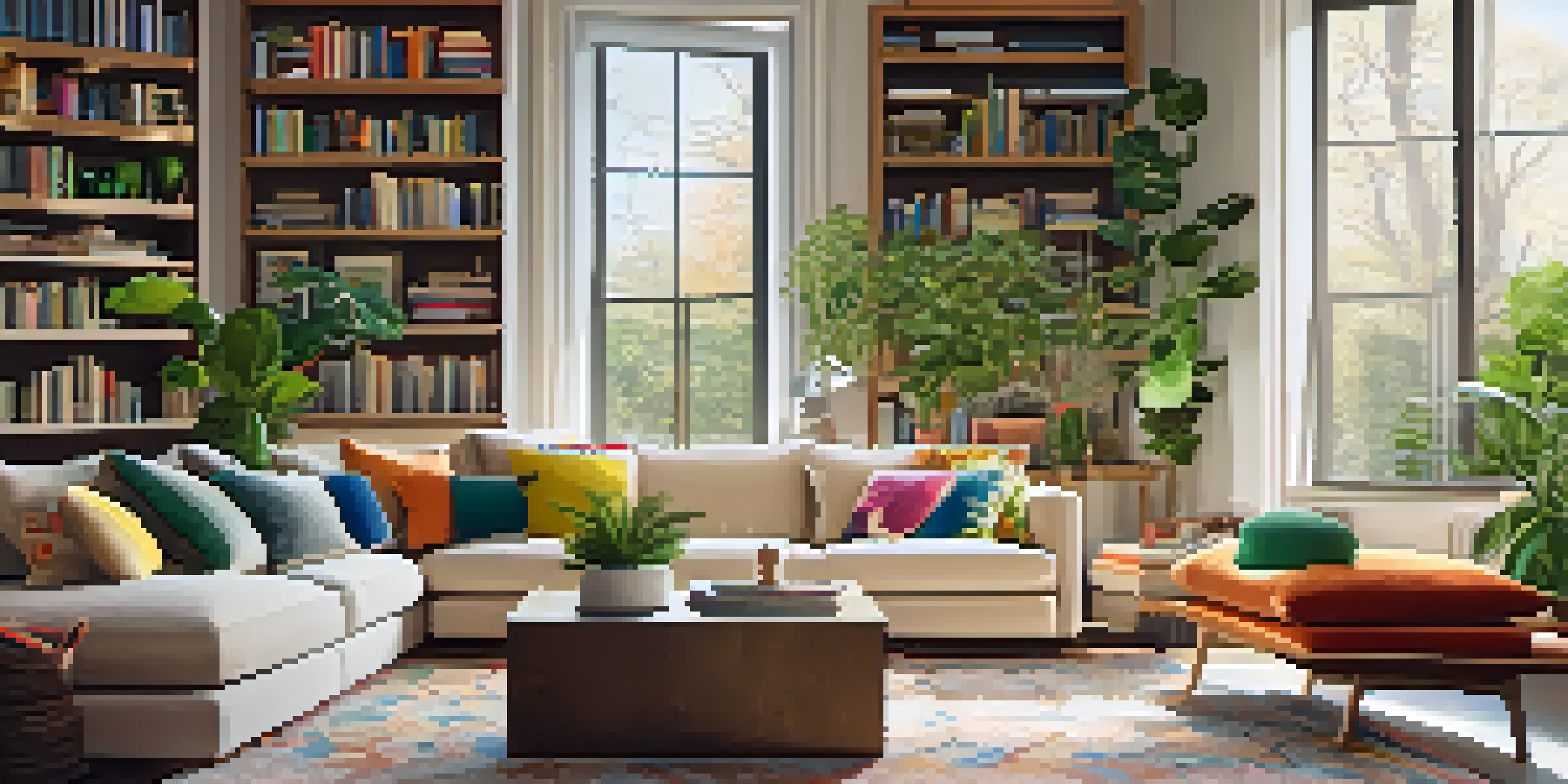 A bright and cozy living room with large windows, soft beige sofas, a coffee table, and a warm fireplace surrounded by bookshelves.