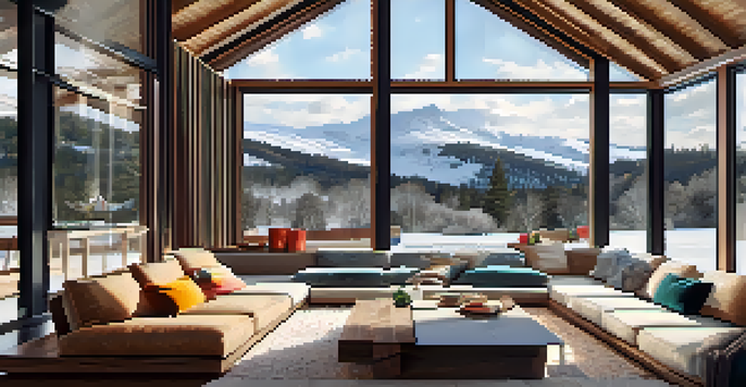 A warm living room with a fireplace, cozy sofa, and snowy landscape outside the windows, showcasing the comfort provided by roof insulation.