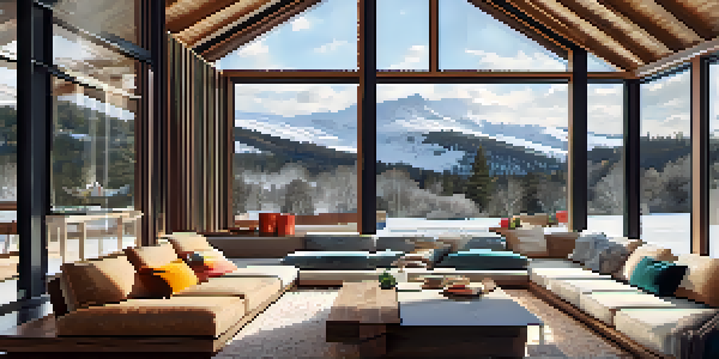 A warm living room with a fireplace, cozy sofa, and snowy landscape outside the windows, showcasing the comfort provided by roof insulation.