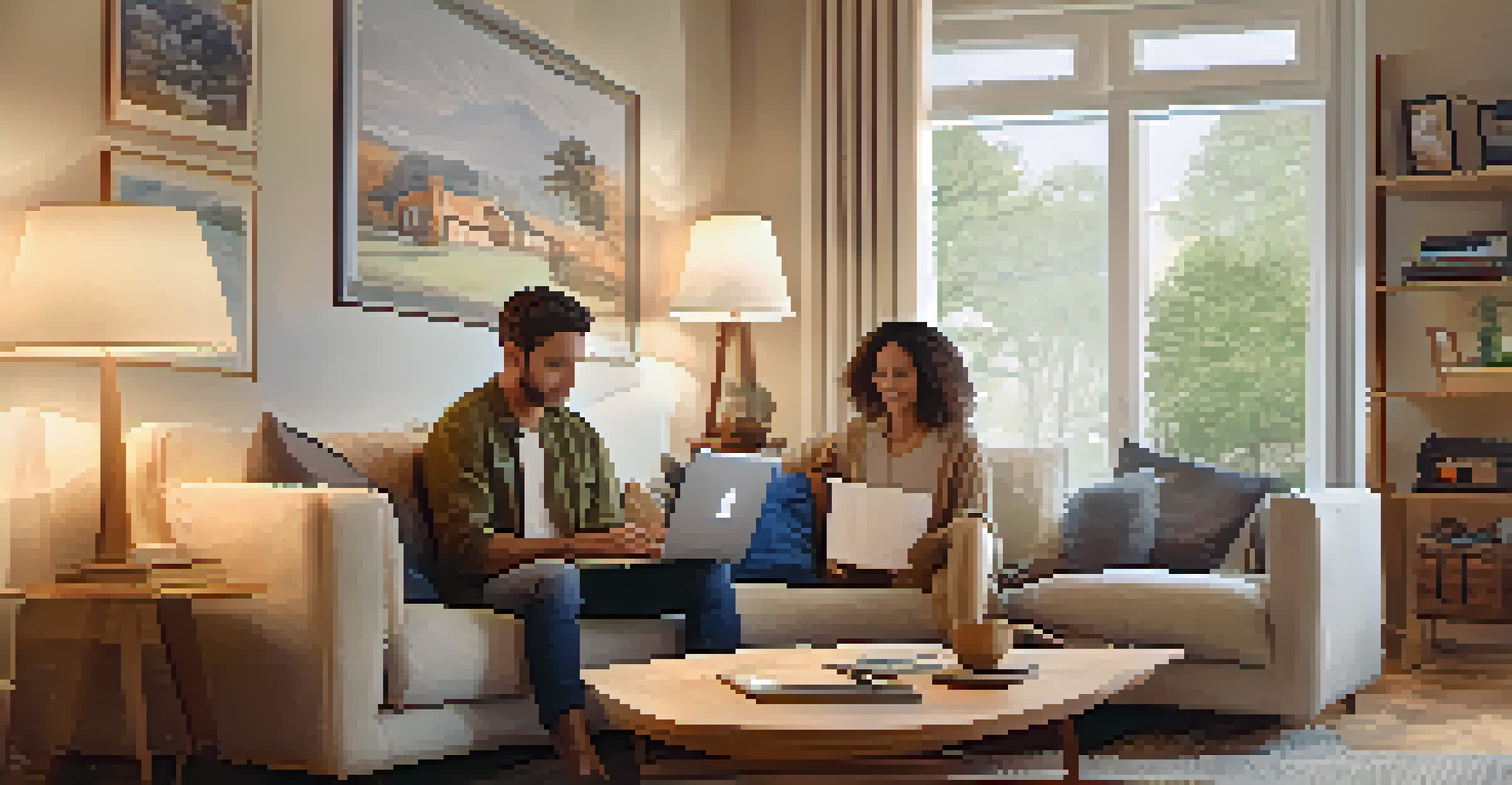 A couple discussing home equity loan options in a cozy living room with a laptop and notepad.