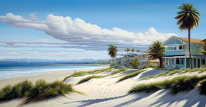 A coastal landscape showing rising sea levels near properties, palm trees, and a clear sky, illustrating the impact of climate change.