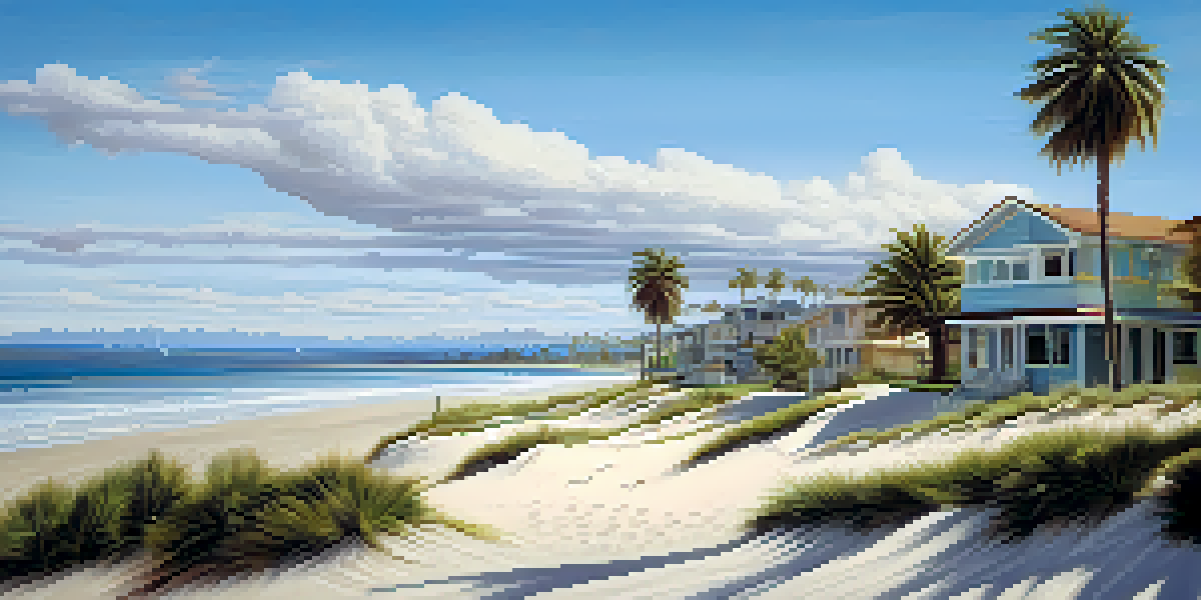 A coastal landscape showing rising sea levels near properties, palm trees, and a clear sky, illustrating the impact of climate change.