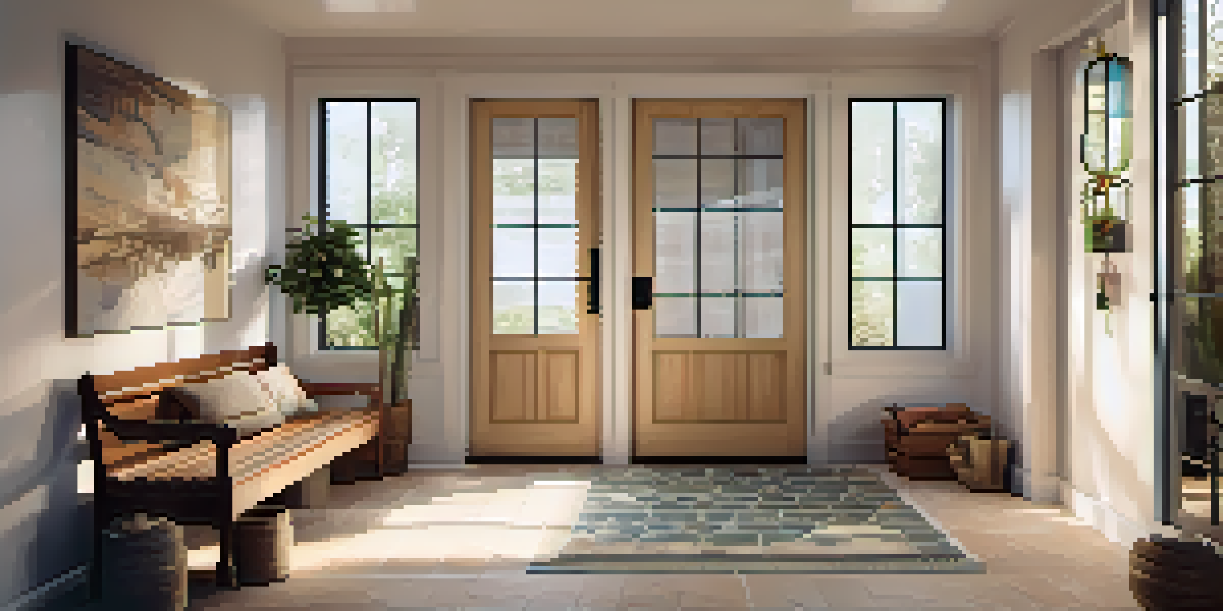 A warm and inviting entryway with light ceramic tiles, a wooden bench, and a coat rack, bathed in natural light.