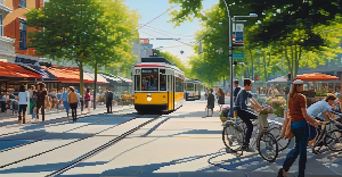 A busy city street with modern tram lines, shops, and pedestrians enjoying bike lanes under bright sunlight.