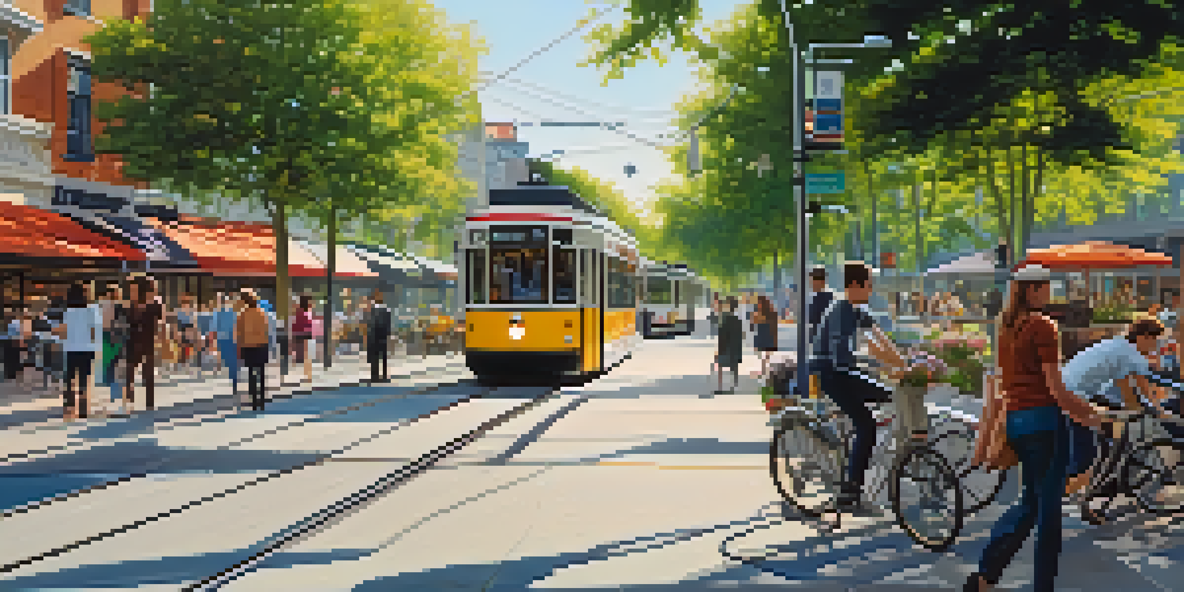 A busy city street with modern tram lines, shops, and pedestrians enjoying bike lanes under bright sunlight.