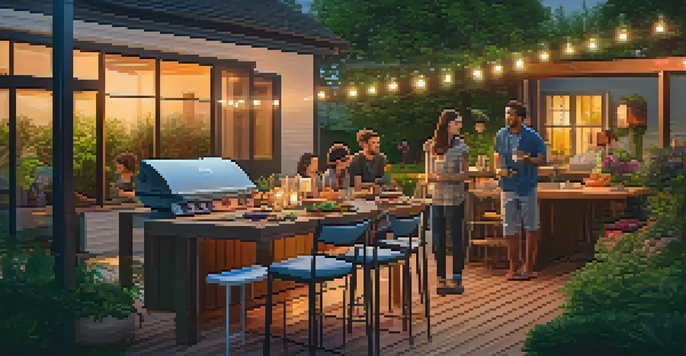 A backyard gathering at sunset with friends around a smart grill and a wooden table adorned with colorful dishes, surrounded by greenery and fairy lights.