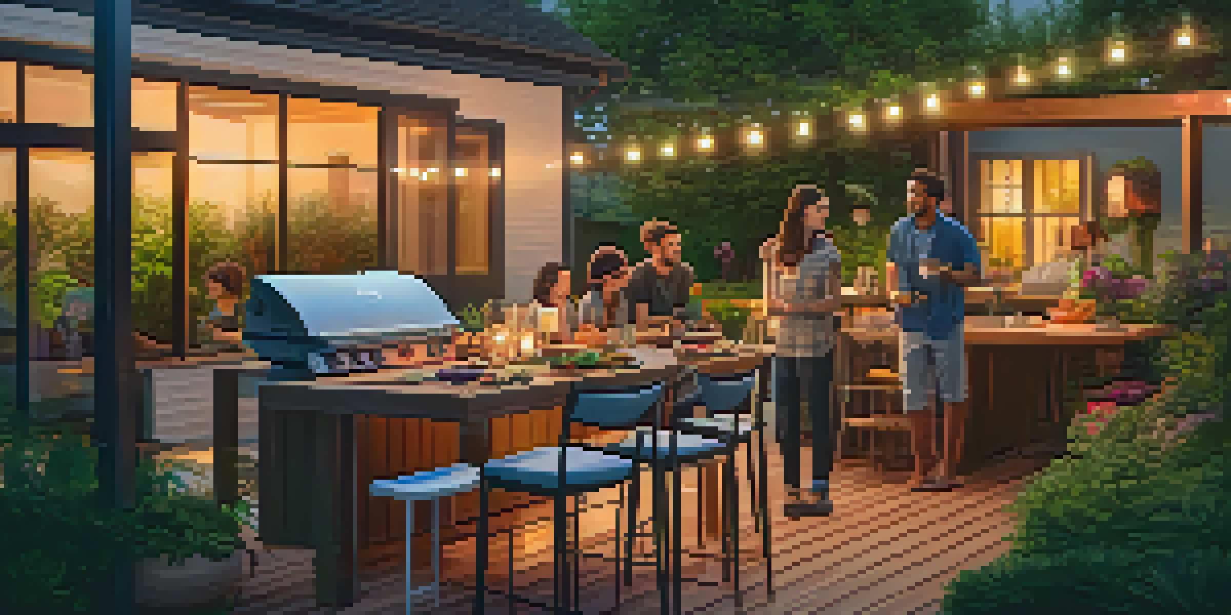 A backyard gathering at sunset with friends around a smart grill and a wooden table adorned with colorful dishes, surrounded by greenery and fairy lights.