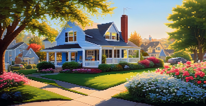 A peaceful suburban neighborhood with a house for sale, illuminated by the morning sun.