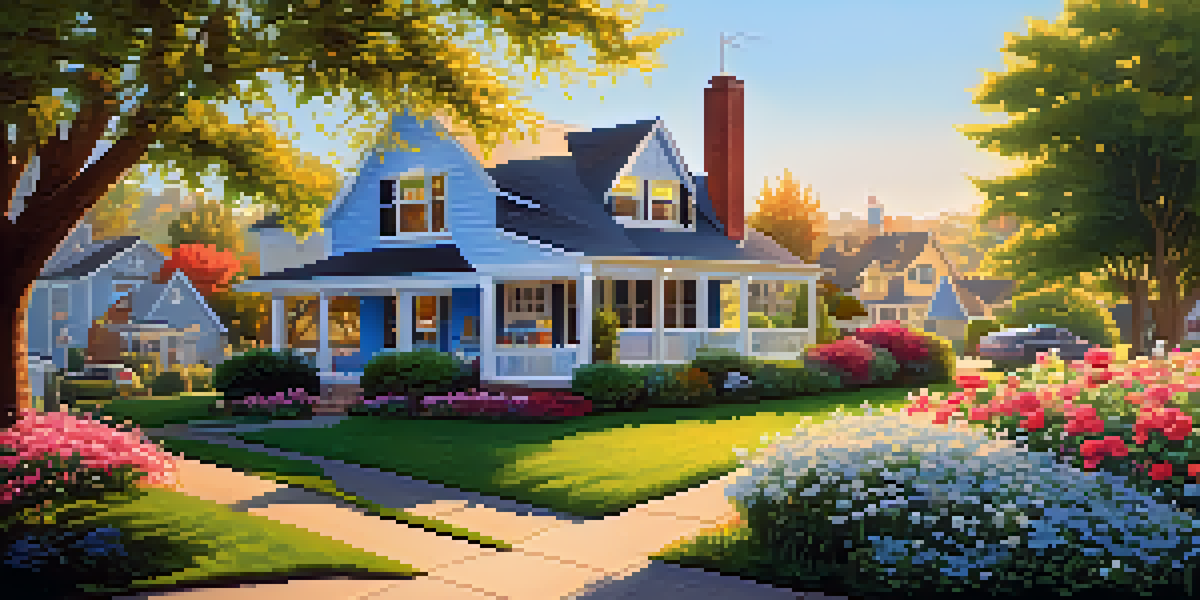 A peaceful suburban neighborhood with a house for sale, illuminated by the morning sun.