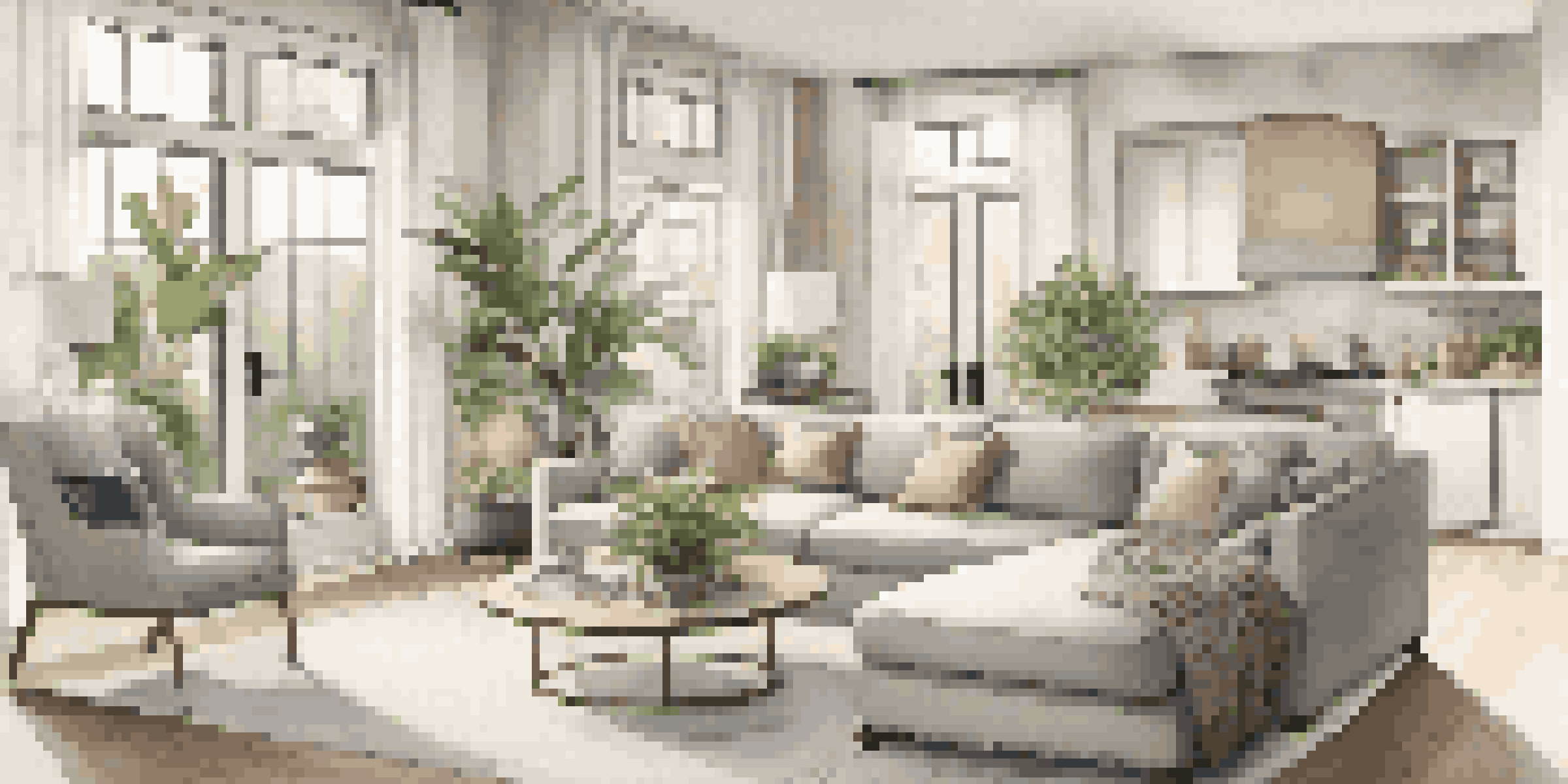 A well-staged living room with neutral colors, natural light, and an open layout connecting to a kitchen.