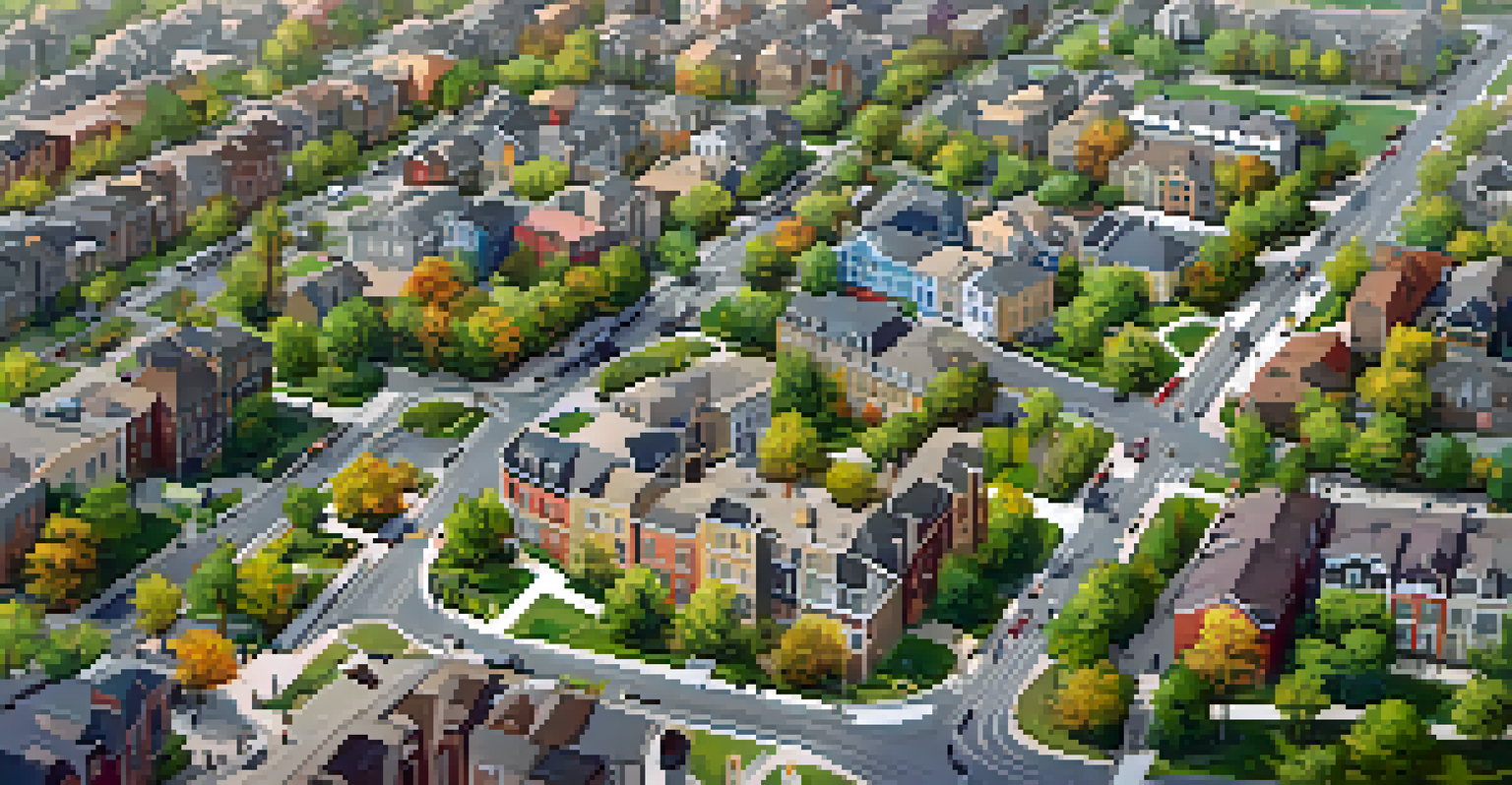 Aerial view of a lively neighborhood featuring parks, schools, and busy streets filled with people, showcasing local amenities.