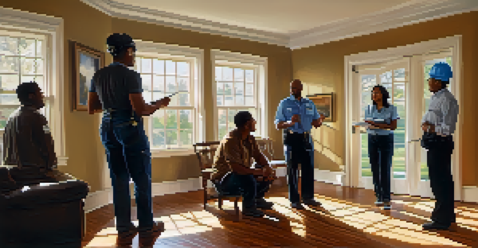 A home inspection with a woman taking notes, a man asking questions, and an inspector explaining findings in a living room with sunlight streaming in.