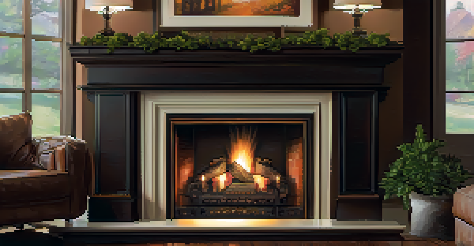 A close-up view of an intricate fireplace with detailed craftsmanship and warm flames, surrounded by decorative items.