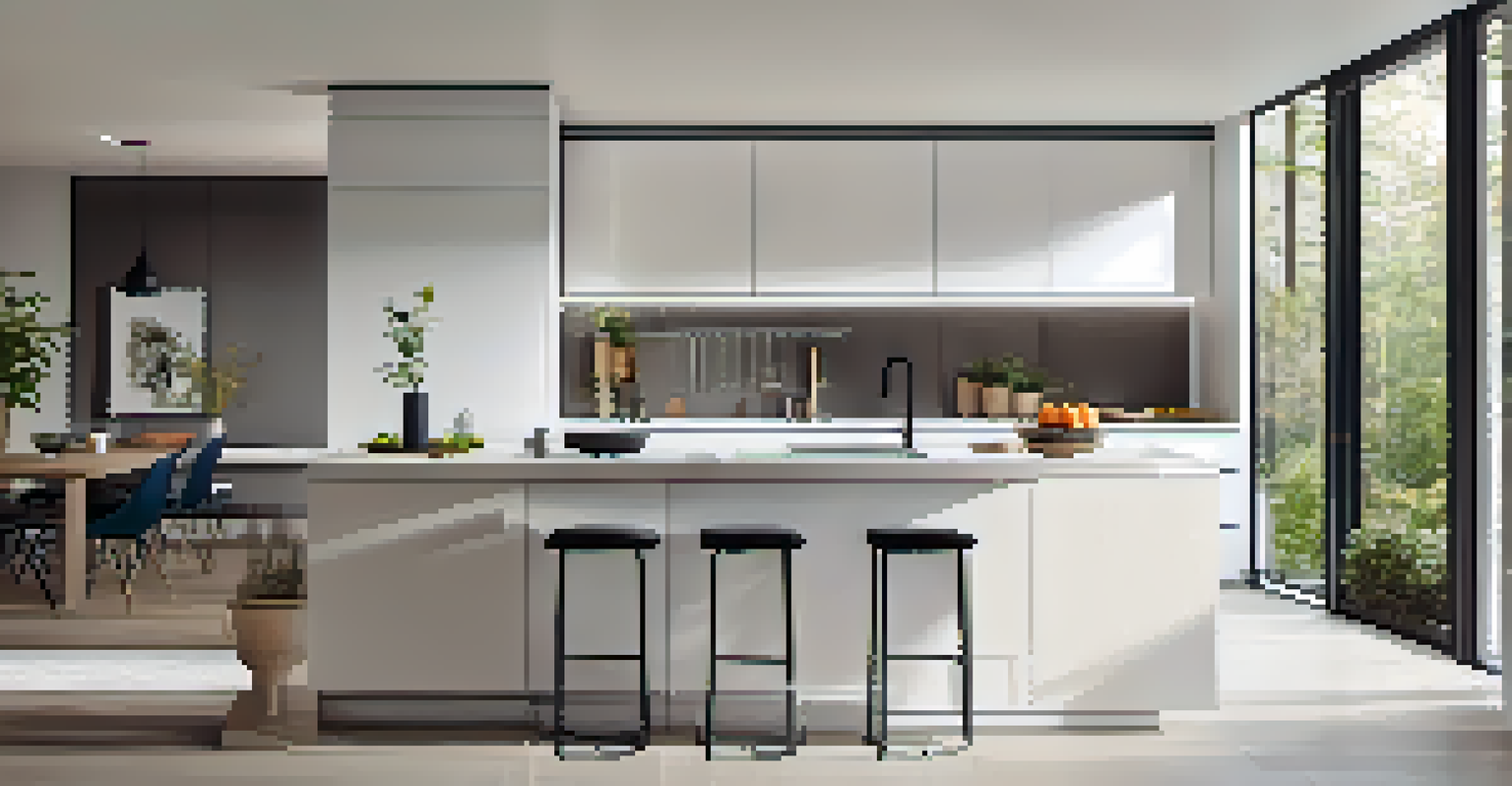 A stylish kitchen with energy-efficient appliances and modern design elements like a smart thermostat.