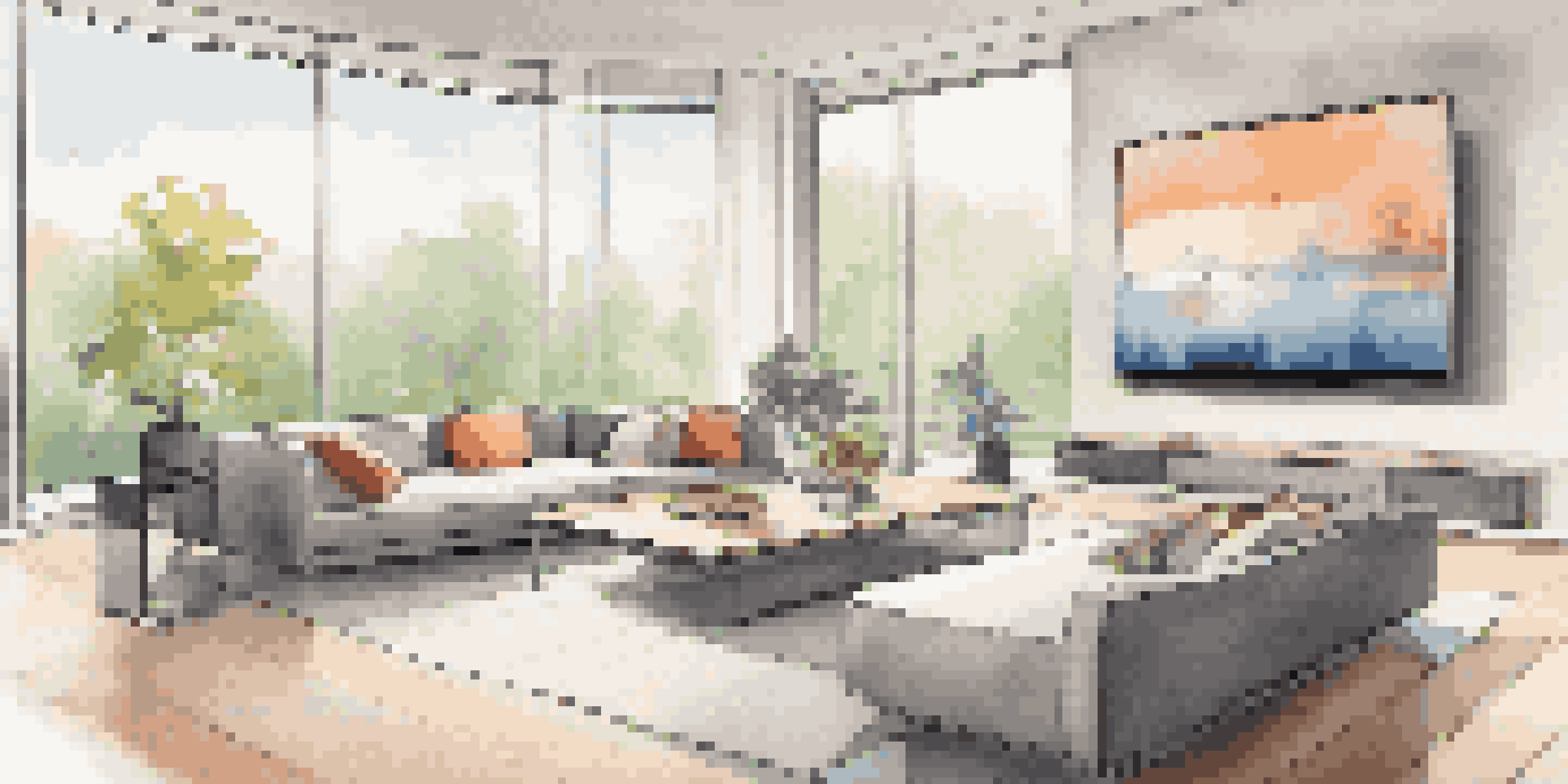 A contemporary living room with a smart home control panel on a coffee table, large windows, and minimalist furniture, highlighting smart devices.
