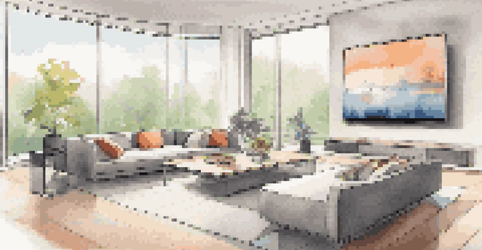 A contemporary living room with a smart home control panel on a coffee table, large windows, and minimalist furniture, highlighting smart devices.