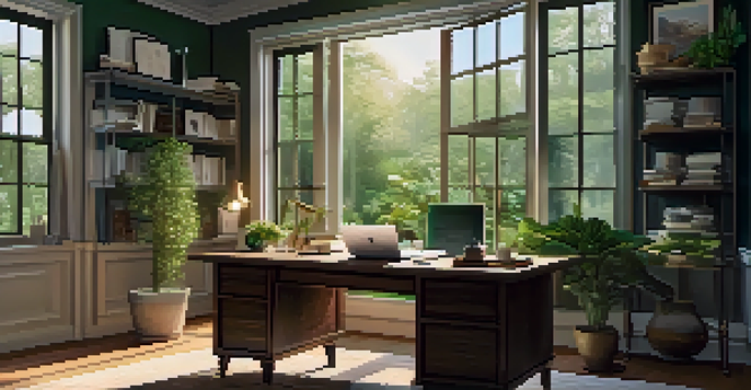 A bright and inviting home office with a wooden desk, a laptop, and a view of a green garden outside.