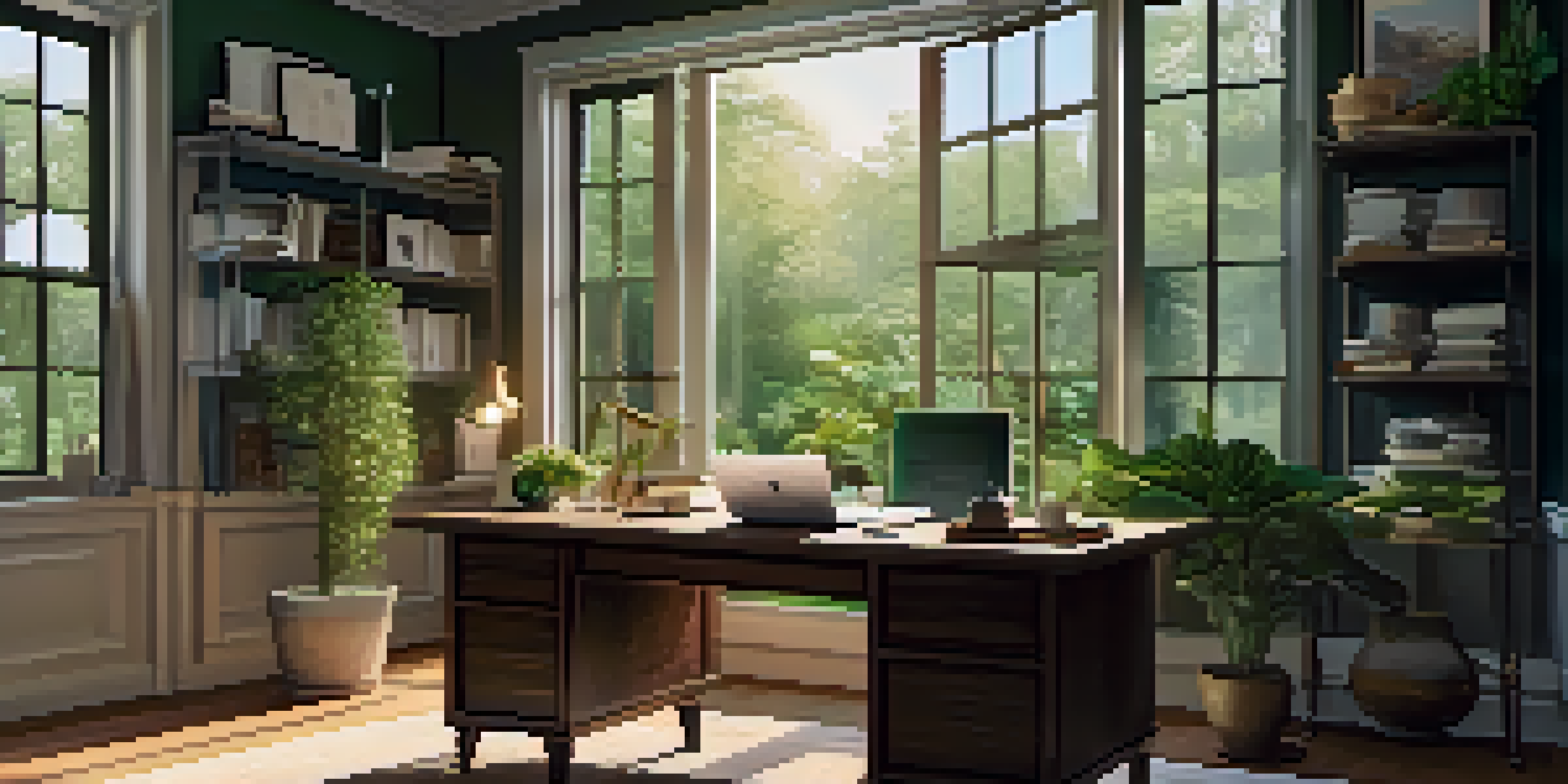 A bright and inviting home office with a wooden desk, a laptop, and a view of a green garden outside.