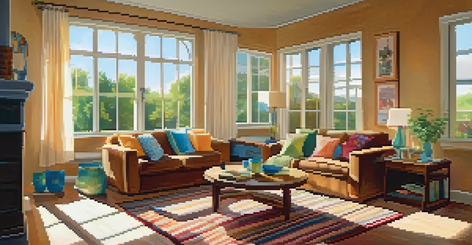 A bright and cozy living room with a sofa, cushions, and a coffee table, illuminated by soft sunlight.