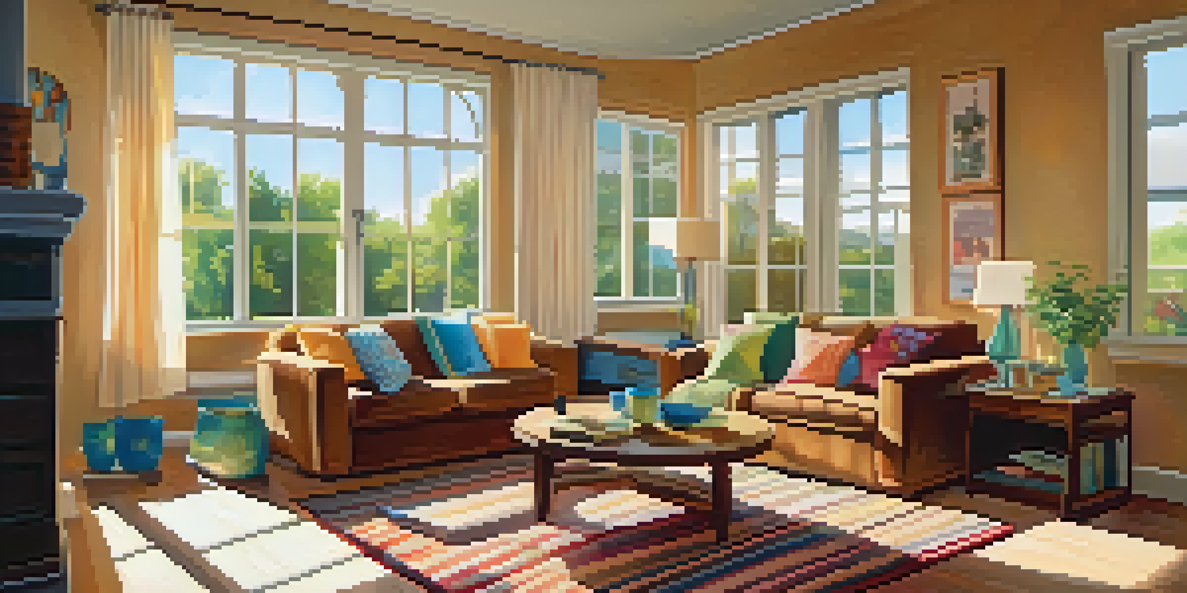 A bright and cozy living room with a sofa, cushions, and a coffee table, illuminated by soft sunlight.