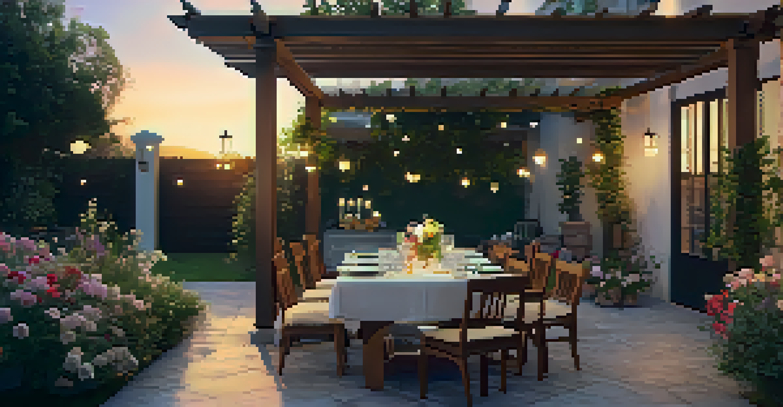 A beautiful outdoor patio with a wooden dining set and vibrant flowers, illuminated by fairy lights at sunset.