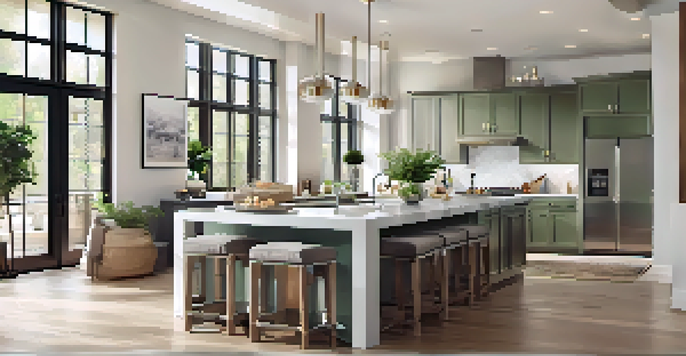 A bright and airy open concept living area with a kitchen and living room combined, showcasing modern furnishings and natural light.