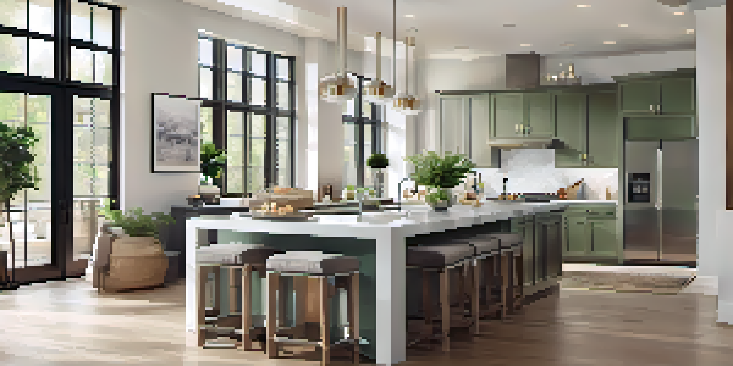 A bright and airy open concept living area with a kitchen and living room combined, showcasing modern furnishings and natural light.