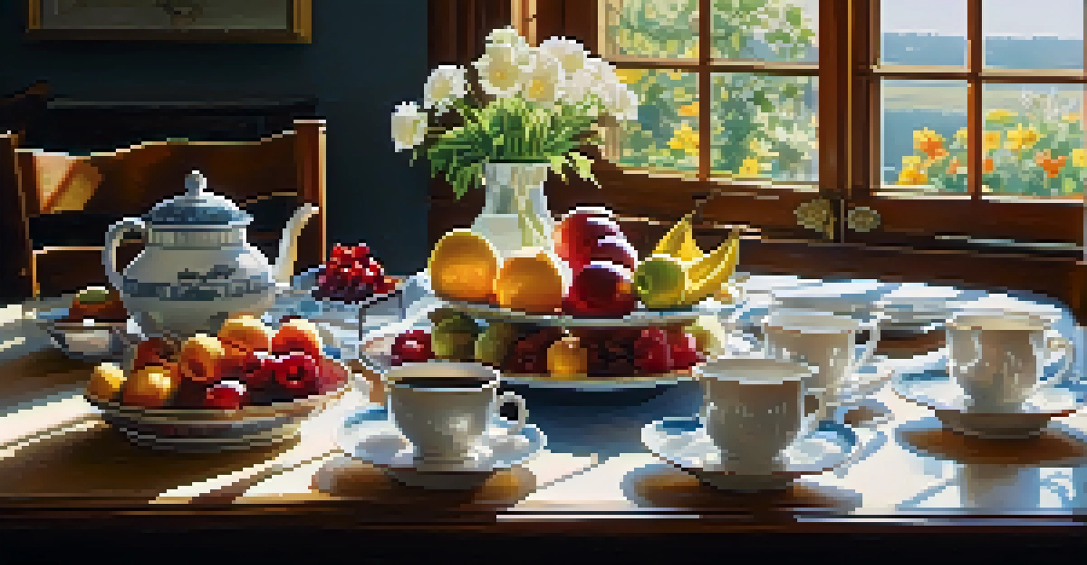 A bright kitchen with a wooden dining table set for breakfast, featuring fruit, coffee mugs, and a vase of flowers.