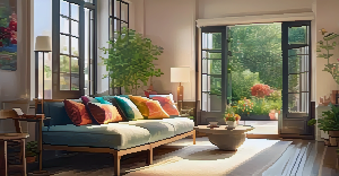 A cozy living room with a sofa, coffee table, and a view of a beautiful garden outside the window.