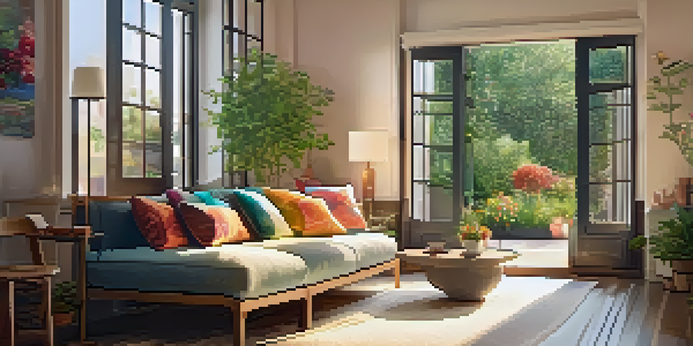 A cozy living room with a sofa, coffee table, and a view of a beautiful garden outside the window.