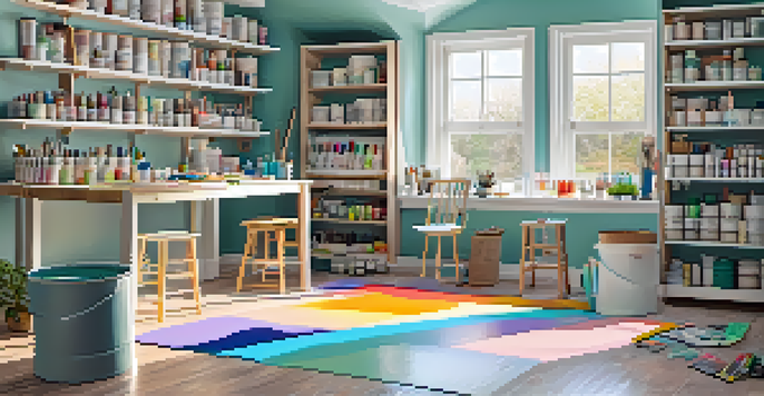 A bright DIY painting station with brushes, rollers, paint cans, and freshly painted pastel walls, illuminated by natural light.