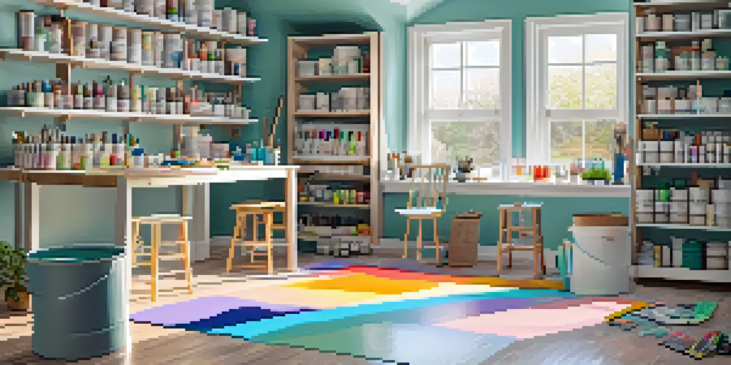 A bright DIY painting station with brushes, rollers, paint cans, and freshly painted pastel walls, illuminated by natural light.