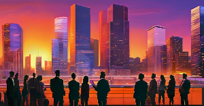 Urban skyline at sunset with modern skyscrapers and diverse investors analyzing real estate data.