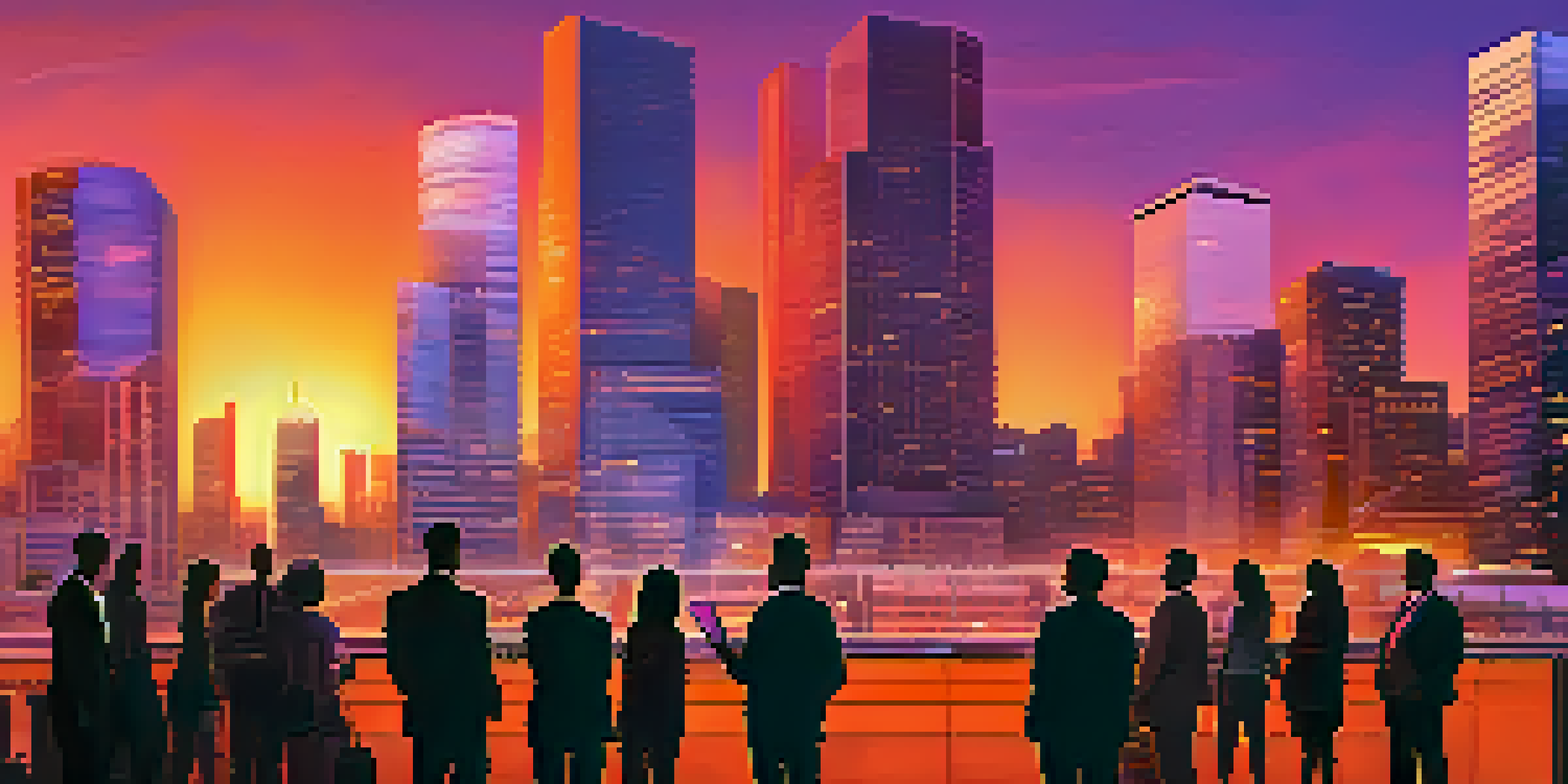 Urban skyline at sunset with modern skyscrapers and diverse investors analyzing real estate data.