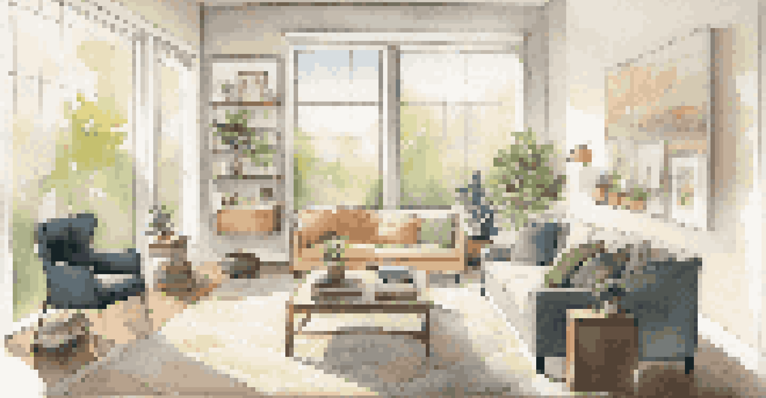 A cozy living room with energy-efficient windows and a smart thermostat, filled with natural light and modern decor.