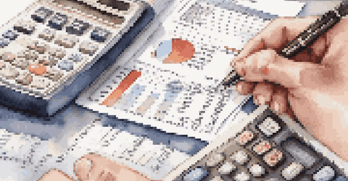 Hands calculating real estate investments over a financial report with graphs in a cozy home office.