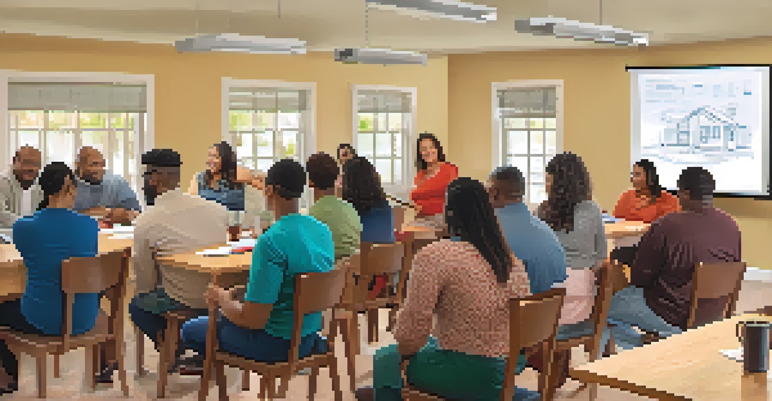 A homebuyer education workshop with diverse participants and an instructor presenting information on homebuying.