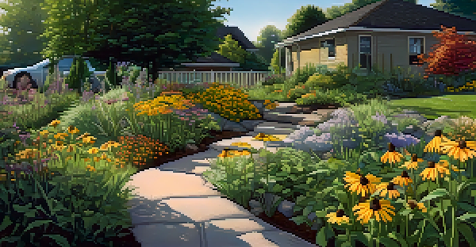 A colorful rain garden filled with native plants, designed to collect rainwater in a sunny suburban backyard.