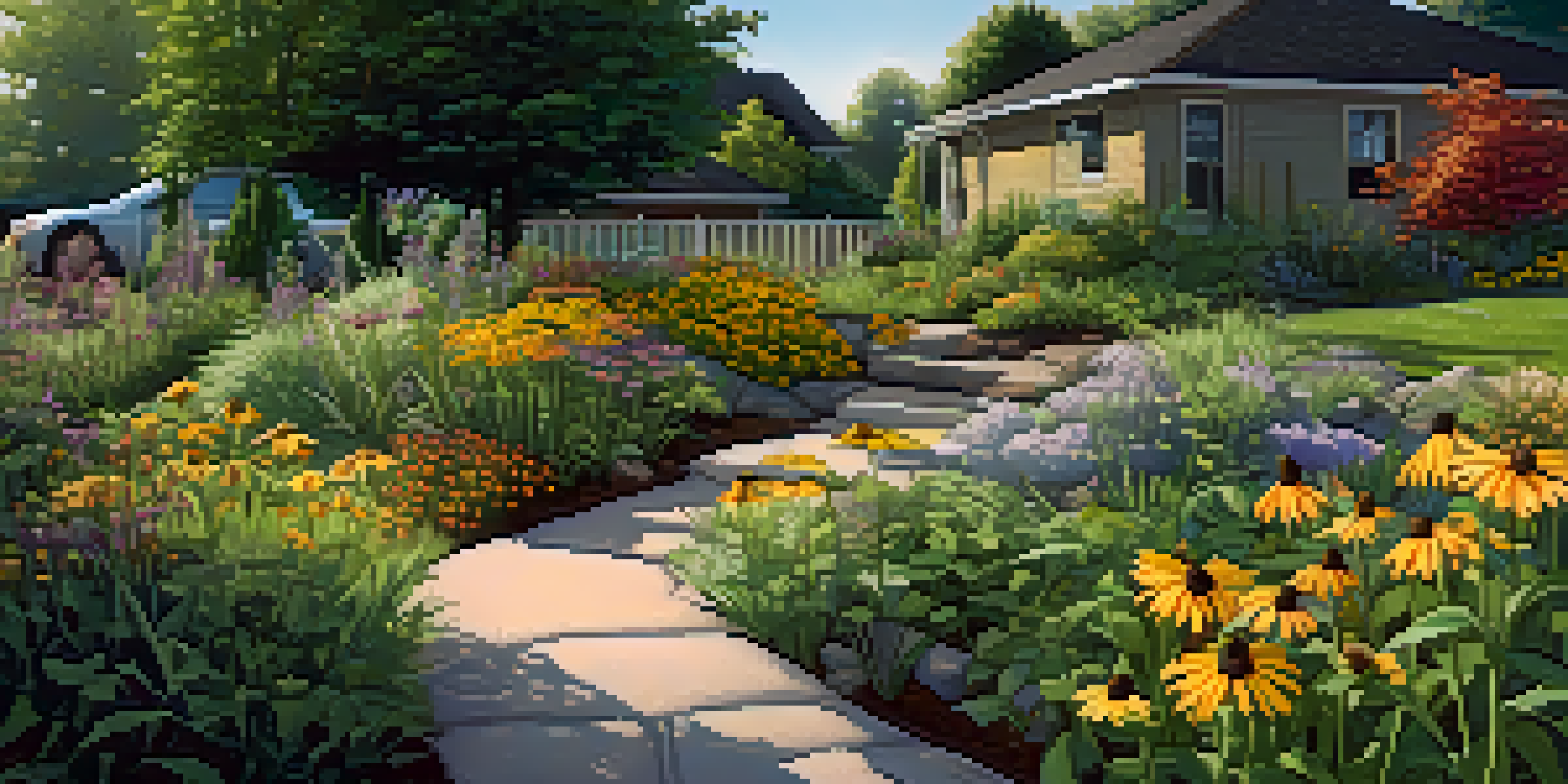 A colorful rain garden filled with native plants, designed to collect rainwater in a sunny suburban backyard.