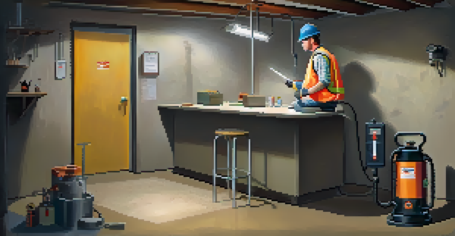 A certified radon professional inspecting a basement with testing equipment, focusing on a sump pit, surrounded by concrete walls and home tools.