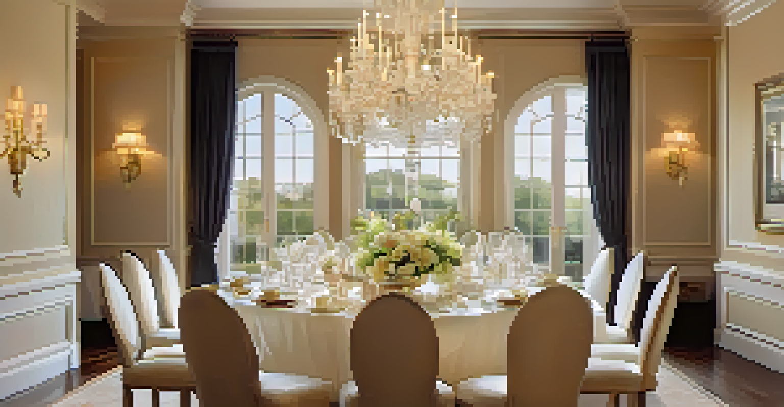 An elegant dining room with a set table featuring fine china, silverware, and flowers, illuminated by warm golden lighting.