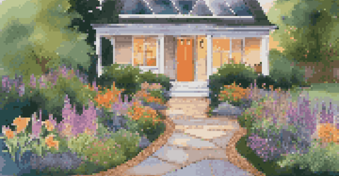 A front yard with a decorative gravel pathway, colorful flower beds, solar-powered lights, and a bright front door, creating a welcoming atmosphere.