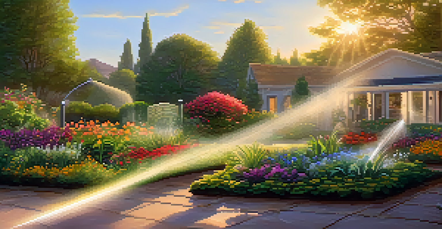 A garden with a smart irrigation system watering plants, surrounded by colorful flowers and greenery in soft golden hour light.