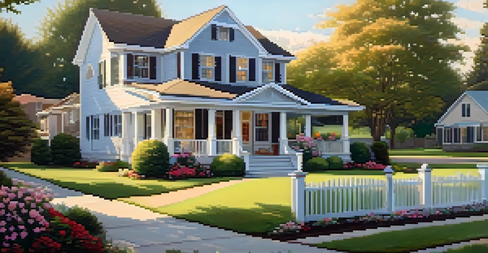 A charming suburban home with a well-maintained lawn and colorful flower beds, bathed in warm golden sunlight.
