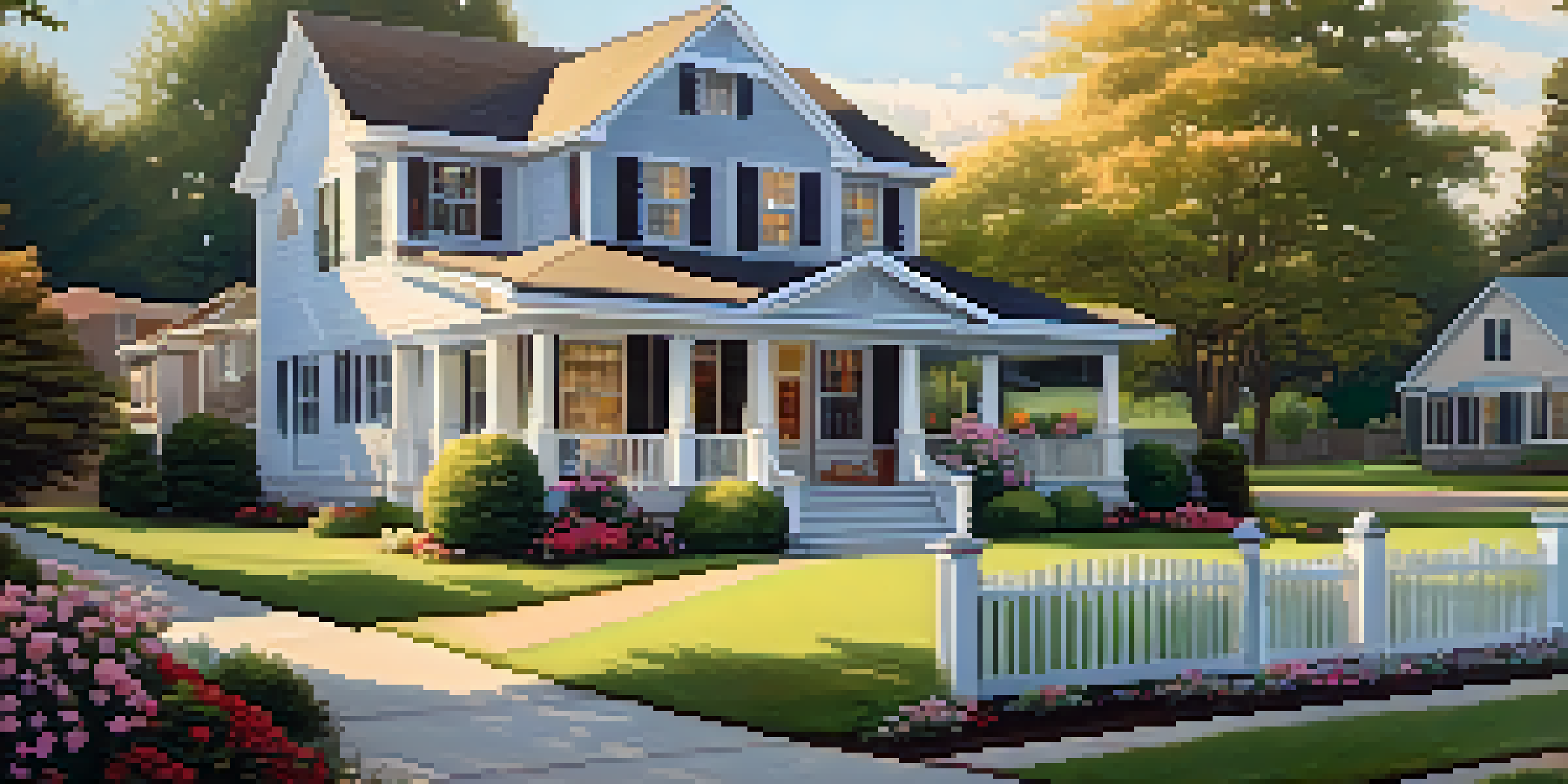 A charming suburban home with a well-maintained lawn and colorful flower beds, bathed in warm golden sunlight.